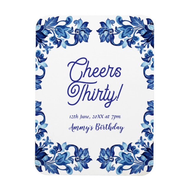 Imán Cheers thirty birthday royal blue floral border na (Vertical)