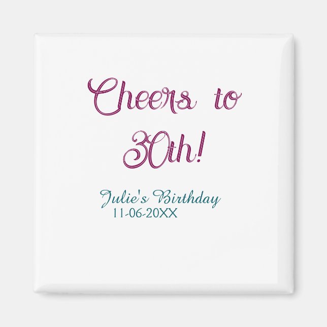 Imán Cheers to 30th birthday name date mauve blue elega (Frente)