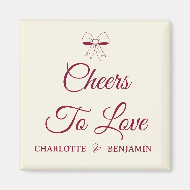 Imán Cheers To Love Burgundy Script Ivory Bow Wedding (Frente)