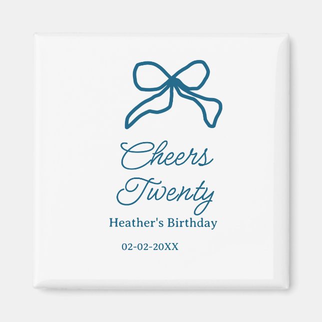 Imán Cheers twenty blue birthday bow name date boho ret (Frente)