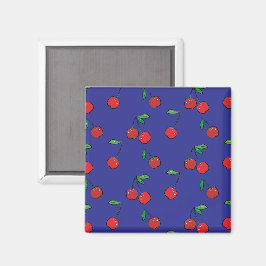 Imán Cherry Berries Red Pattern Moderno Retro Blue Fun