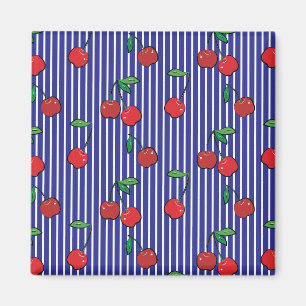 Imán Cherry Berries Red Pattern Moderno Retro Blue Fun