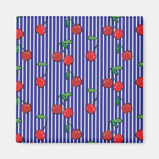 Imán Cherry Berries Red Pattern Moderno Retro Blue Fun (Frente)