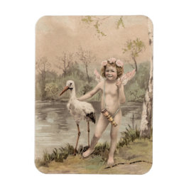 Imán Cherub vintage con cigüeña por lago