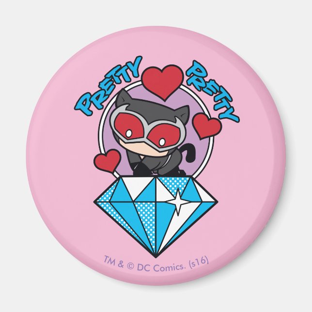 Imán Chibi Catwoman sentada encima del Diamante grande (Frente)