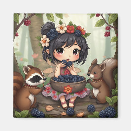 Imán Chibi Fairy Eating Blackberries with Forest Friend