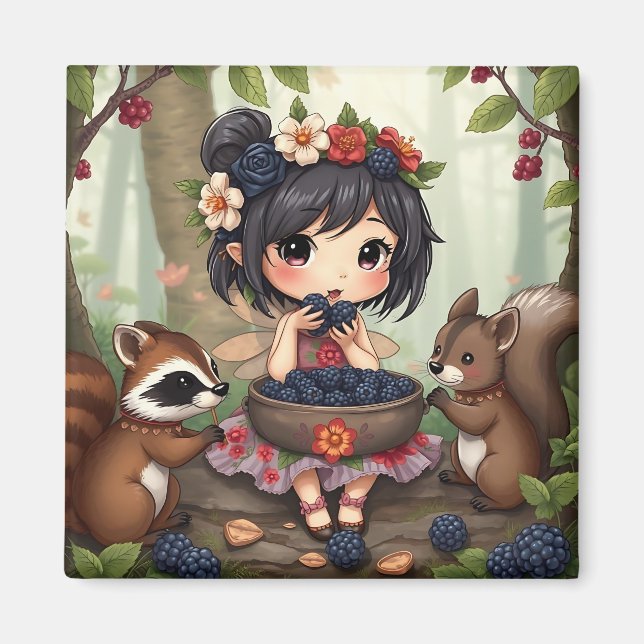 Imán Chibi Fairy Eating Blackberries with Forest Friend (Frente)