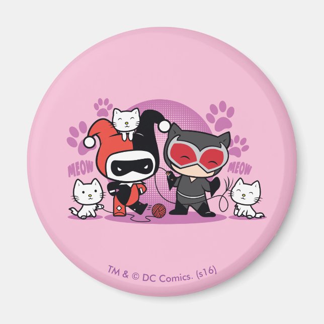 Imán Chibi Harley Quinn & Chibi Catwoman Con Gatos (Frente)