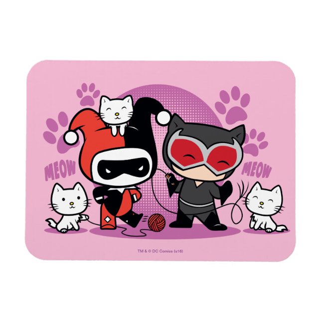 Imán Chibi Harley Quinn & Chibi Catwoman Con Gatos (Horizontal)