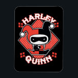 Imán Chibi Harley Quinn Splits<br><div class="desc">Echa un vistazo a Chibi Harley Quinn mientras hace las divisiones delante de un fondo de diamante de polka rojo con su nombre escrito a su alrededor.</div>