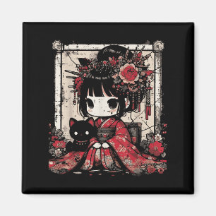 Imán Chibi Kimono Chica Flores de gato negro Art japoné