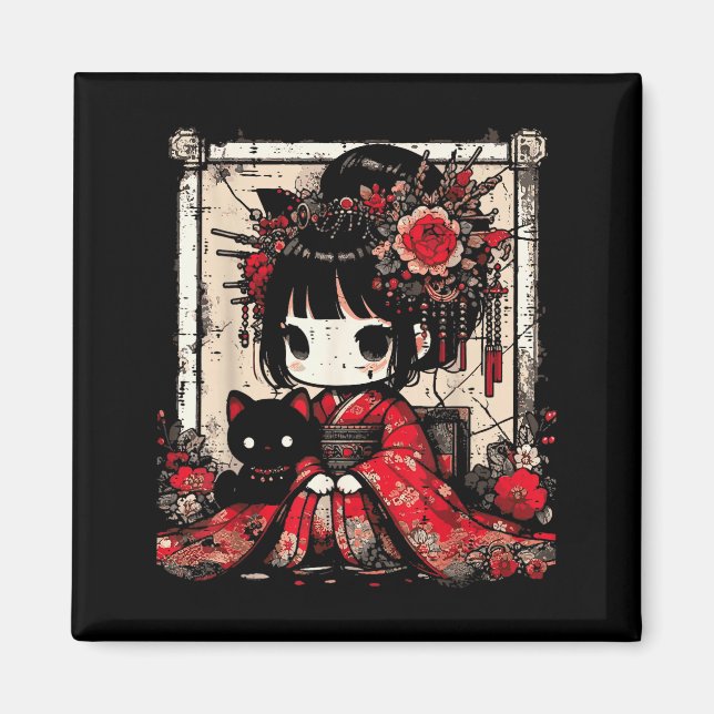 Imán Chibi Kimono Girl Black Cat Flowers Japanese Art W (Frente)