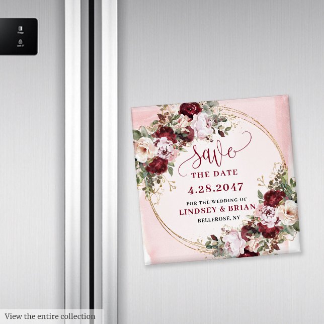 Imán Chic Boho Rosa Profundo Rubor Floral Salva la Fech (Chic Boho Deep Red Blush Gold Floral Save the Date Magnet

)
