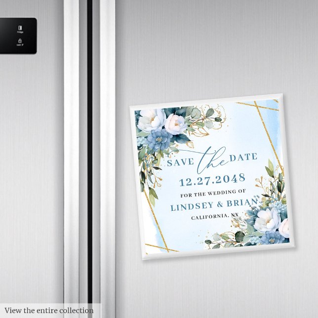 Imán Chic Dusty Blue Marco Dorado Floral Salva la Fecha (Chic Dusty Blue Gold Frame Floral Save the Date)