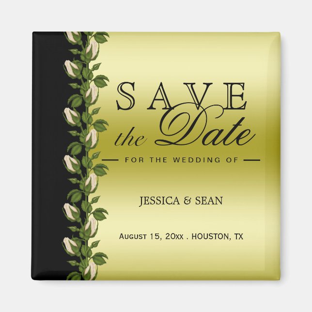 Imán Chic Floral Romántico Gold & Black Save The Date (Frente)