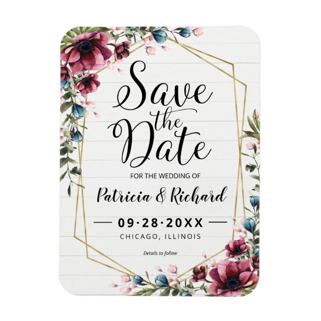 Imán Chic Rústico Burgundy Floral Boda Save The Date  (Vertical)