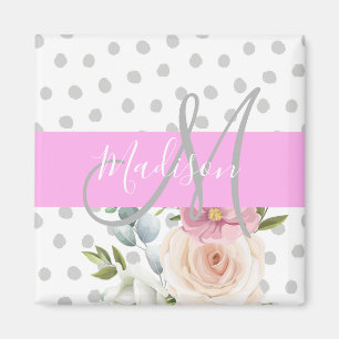 Imán Chic y femenino floral blanco rosa gris monograma