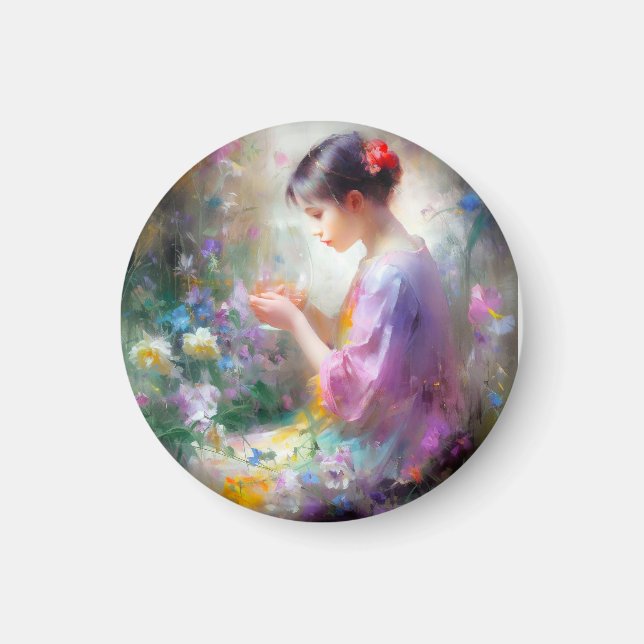 Imán Chica admirando una flor en sus manos (Frente)