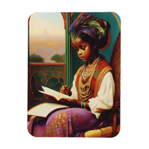 Imán Chica afroamericano de arte nouveau leyendo libro