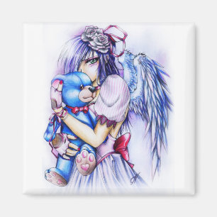 Imán Chica ángel gótico de anime rosa con osito de pelu