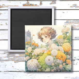 Imán Chica anime bonita en flores amarillas y blancas