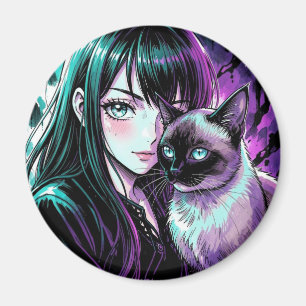 Imán Chica anime bonita y gato siamés