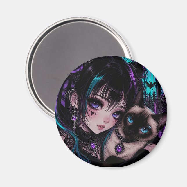 Imán Chica Anime Emo Gótica & Gato (Anverso/Reverso)
