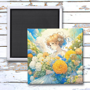 Imán Chica anime en flores amarillas y azules