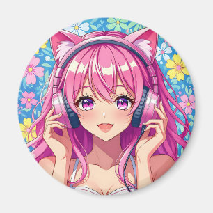 Imán Chica anime rosa linda con auriculares