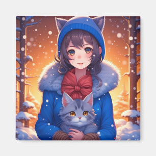 Imán Chica Anime y Gatito Navidad de Invierno