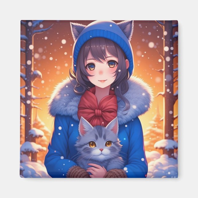 Imán Chica Anime y Gatito Navidad de Invierno (Frente)