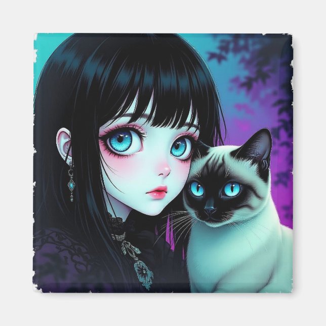 Imán Chica Anime y Gato Siames  (Frente)