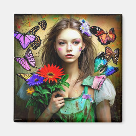 Imán Chica bonita con flores rojas y mariposas