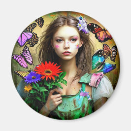 Imán Chica bonita con flores rojas y mariposas