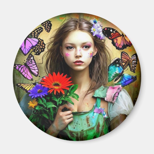 Imán Chica bonita con flores rojas y mariposas (Frente)