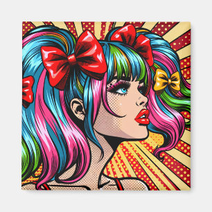 Imán Chica Bonita de Arte Pop Comic con Lazos