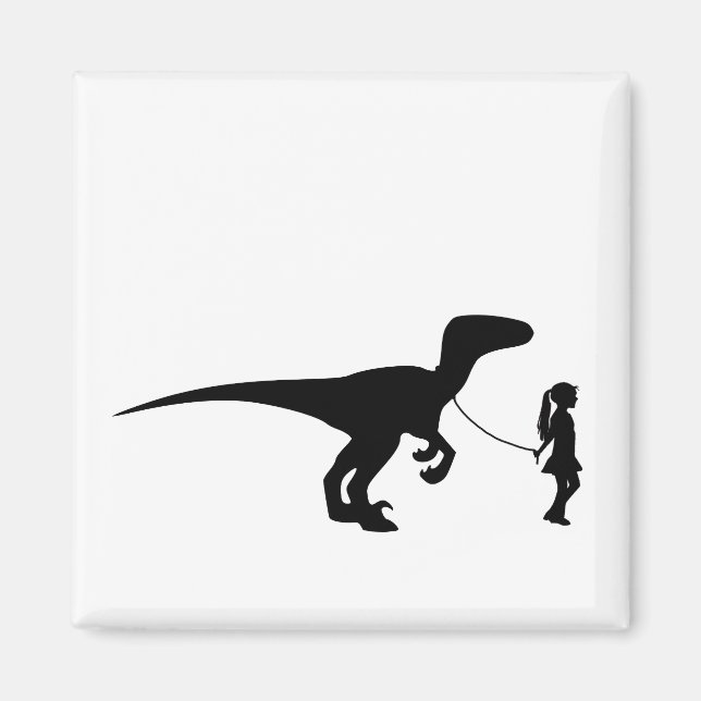 Imán Chica caminando sobre su Mascota Dinosaur Divertid (Frente)