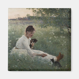 Imán Chica con gatos en un paisaje veraniego (gatitos)