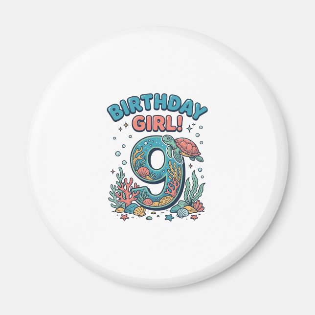 Imán Chica Cumpleaños 9 Tortuga Oceánica Diseño Vectori (Frente)