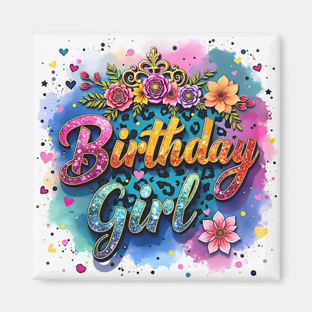 Imán Chica Cumpleaños Leopardo Floral (Frente)