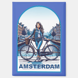 Imán Chica de Ámsterdam con bicicleta en puente