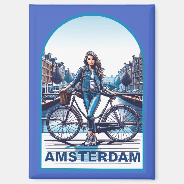 Imán Chica de Ámsterdam con bicicleta en puente (Anverso)