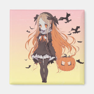 Imán Chica de anime de Halloween rosa y murciélagos