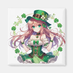 Imán Chica de anime del trébol del Día de San Patricio