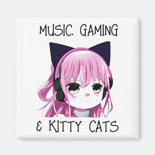 Imán Chica de Anime Gaming de Música y Gato Gatito Gati (Frente)