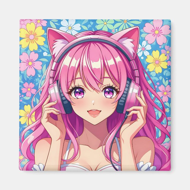 Imán Chica de anime rosado con auriculares (Frente)