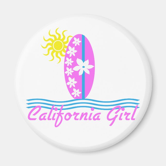 Imán Chica de California, tablero de surf rosado con so (Frente)