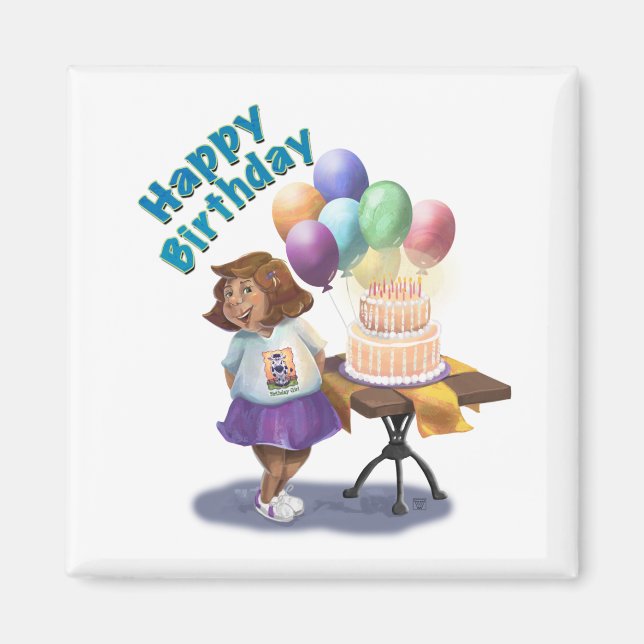 Imán Chica de cumpleaños con globos y pasteles (Frente)
