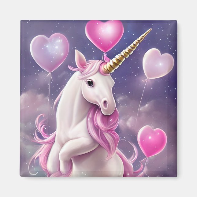 Imán Chica de cumpleaños Fantasy Unicorn con globos ros (Frente)