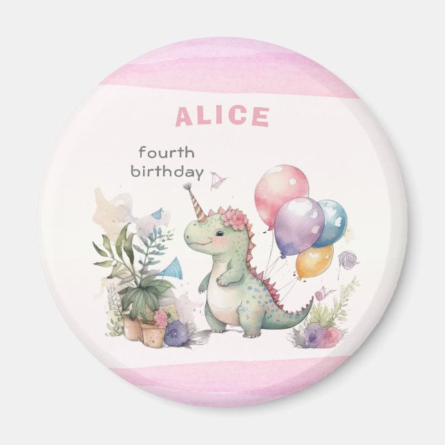 Imán Chica de dinosaurios rosados acuarela Cumpleaños (Frente)